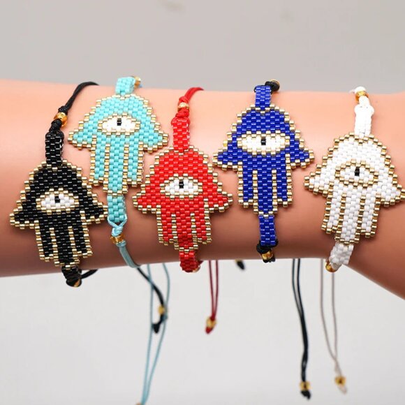 Beaded Pull-Tie Hamsa Hand Evil Eye Boho Bohemian Bracelets NEW - Picture 1 of 4